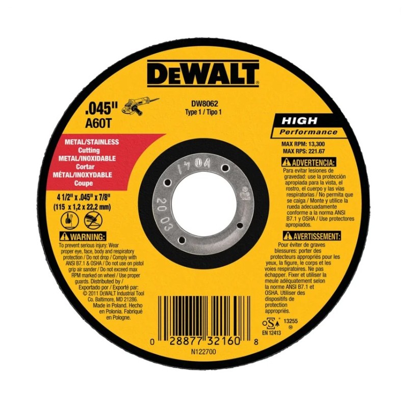 Disco Corte Inox DeWalt 4-1/2 x .045 (3/64) - 1.2mm DW8062