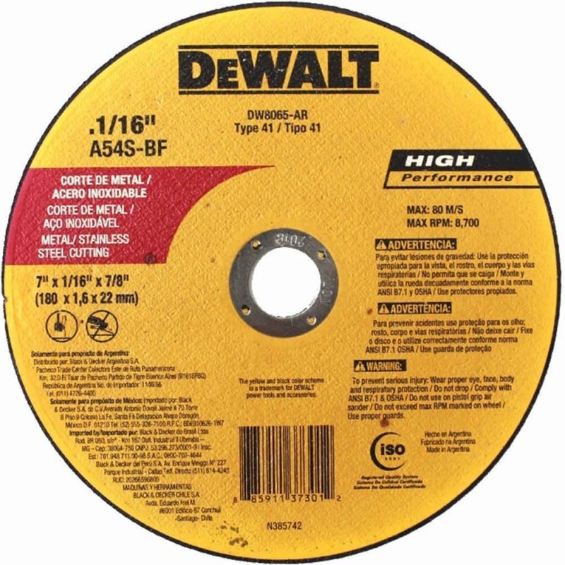 DISCO DE CORTE ACERO INOXIDABLE 7" x 1/16" x 7/8" DEWALT