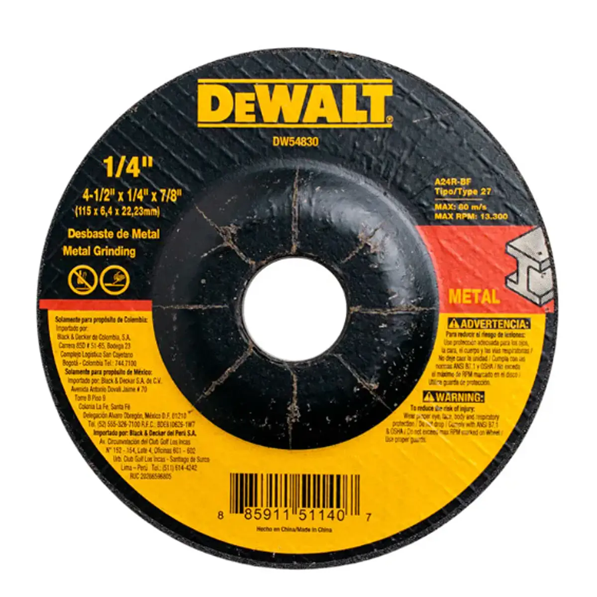 Disco de Pulir Metal DeWalt 4-1/2" x 1/4" x 7/8"