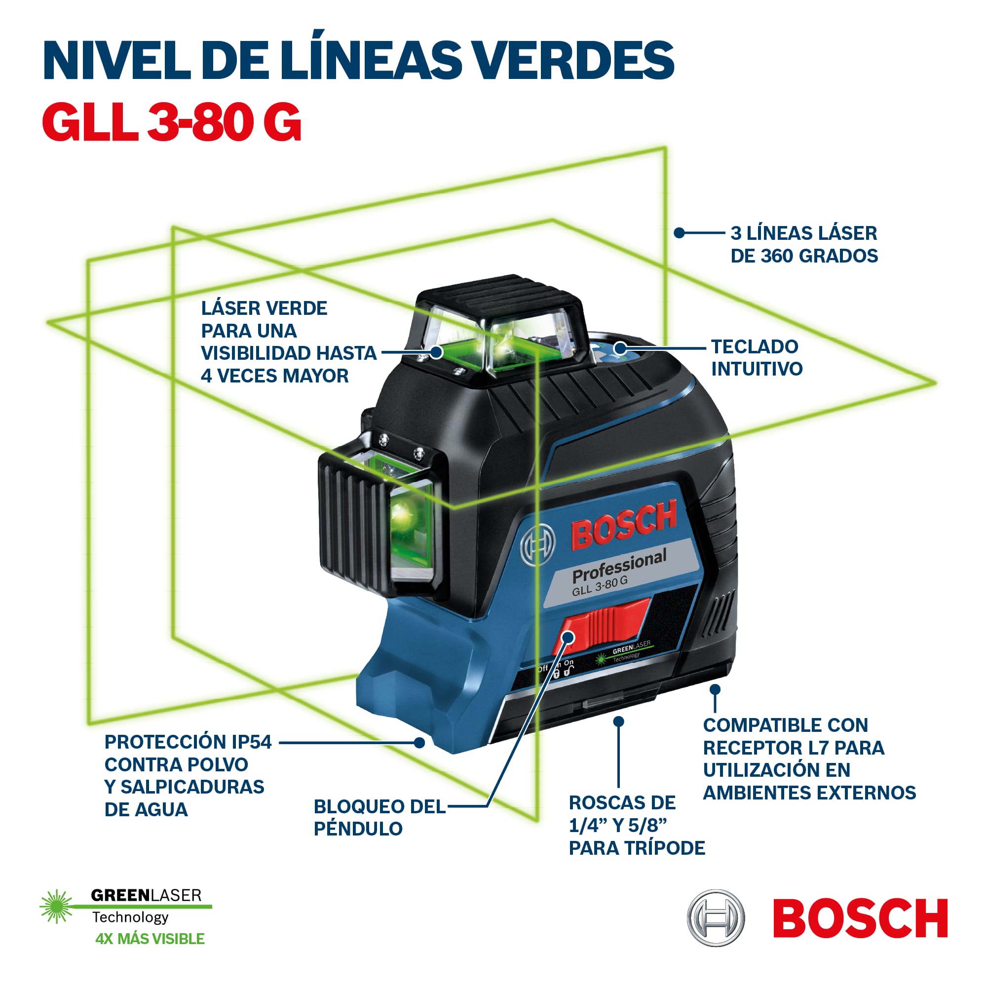 Nivel láser Bosch GLL 3-80 G FERRETERIA RHINO
