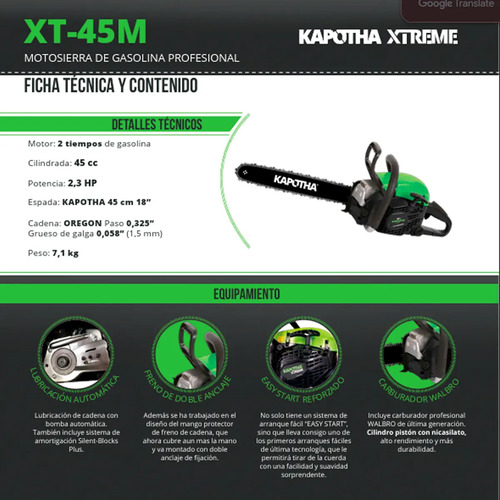MOTOSIERRA DE GASOLINA XT-45M KAPOTHA 2 TIEMPOS DE ALTO REN VERDE MUSGO - Imagen 3