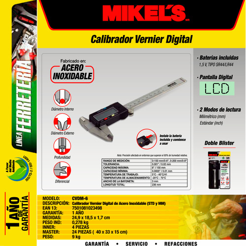 CALIBRADOR VERNIER DIGITAL MIKEL'S ACERO INOXIDABLE CVDM-6 - Imagen 2