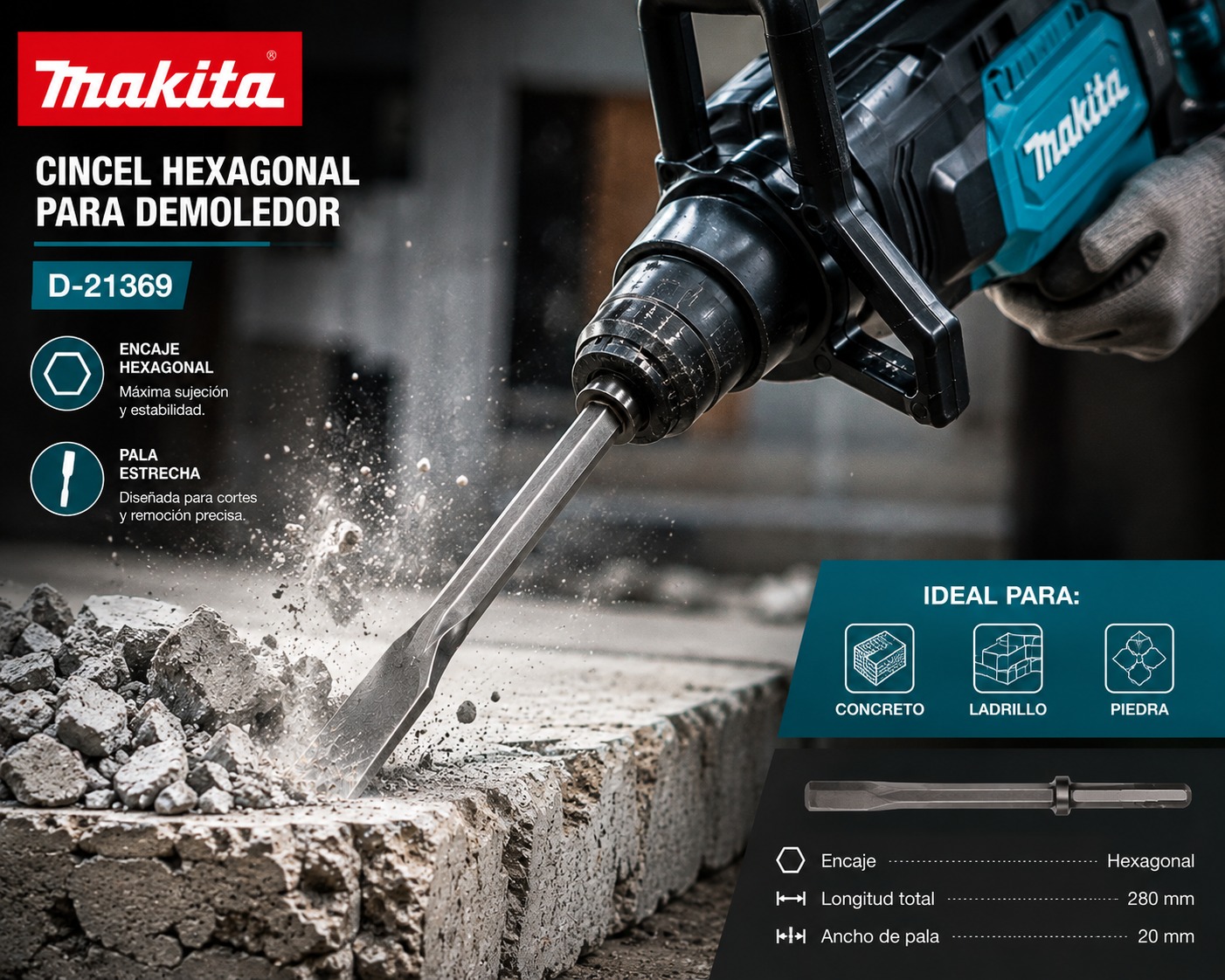 CINCEL HEXAGONAL PARA DEMOLEDOR PALA REF D-21369MAKITA - Image 2