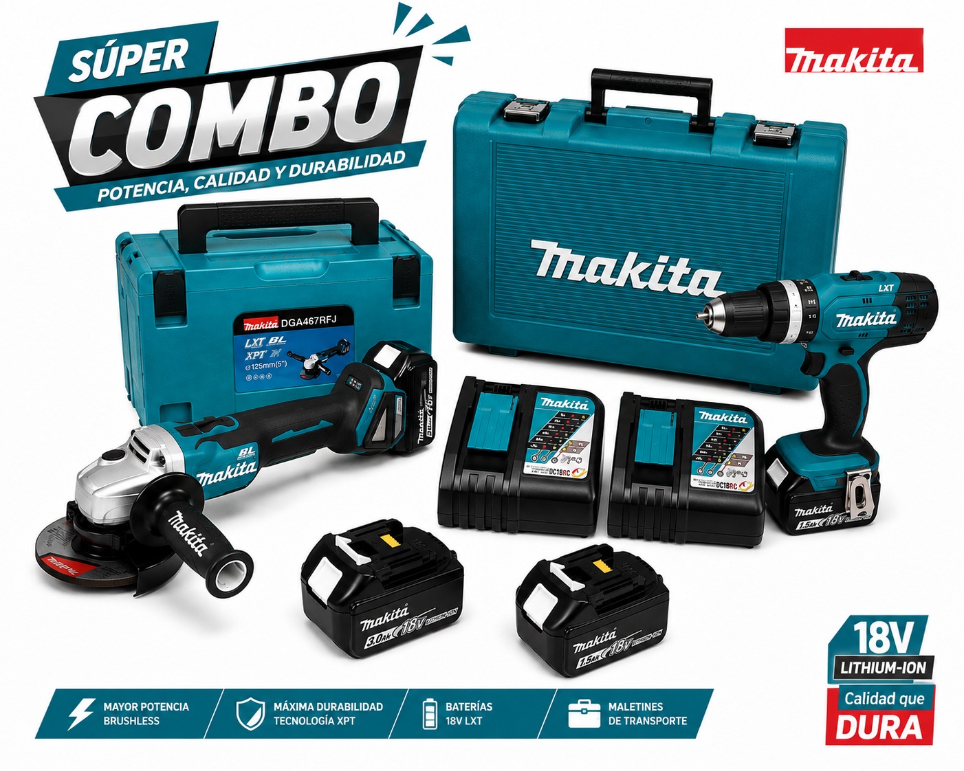 COMBO 18 VOLT TALADRO DHP453SYE + MINIPULIDORA DGA467RFJ MAKITA