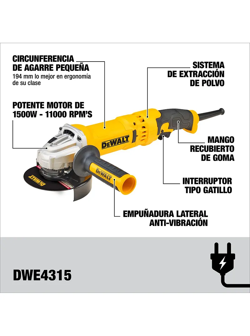 PULIDORA INDUSTRIAL 4.1/2" 11.000 RPM 1500W DWE4315 - Imagen 2