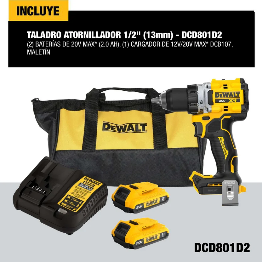 Taladro Rotacion 20V 1/2 + 2 Baterías 2 Ah DeWalt DCD801D2-B3 - Imagen 2