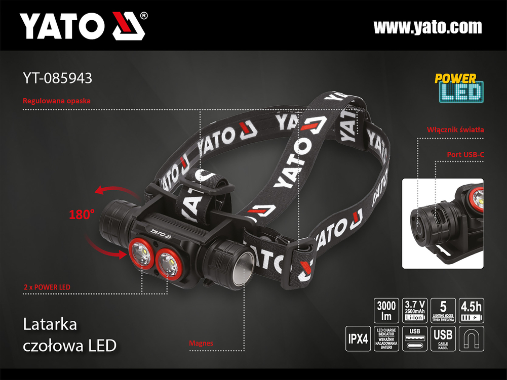 Linterna de cabeza recargable YATO — vista 2