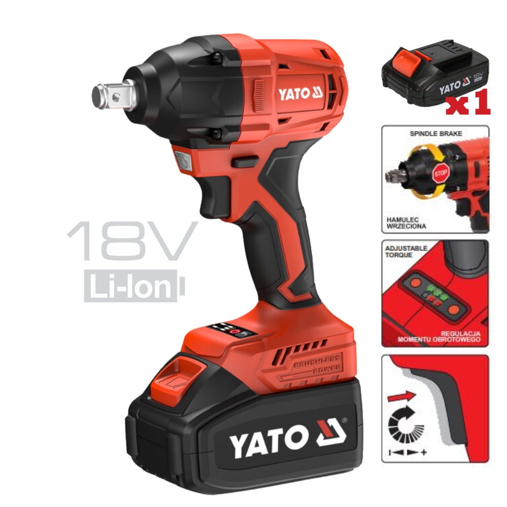 LLAVE DE IMPACTO INALÁMBRICA 18V 1/2" 350 NM BRUSHLESS CON 2 BATERÍAS 4 AH Y CARGADOR YATO - Imagen 2