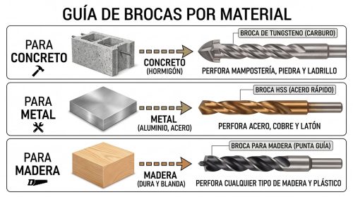 Qué broca usar para cada material (concreto, metal, madera, vidrio)