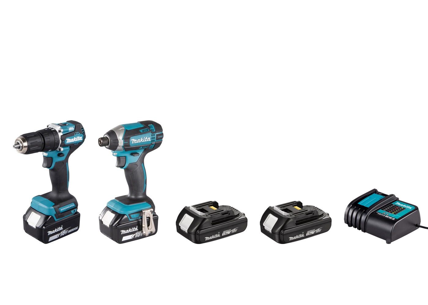 COMBO TALADRO PERCUTOR 1/2" DHP487Z + ATORN IMP DTD152 + 2 BAT 18V 1.5AH + CARG CO MAKITA