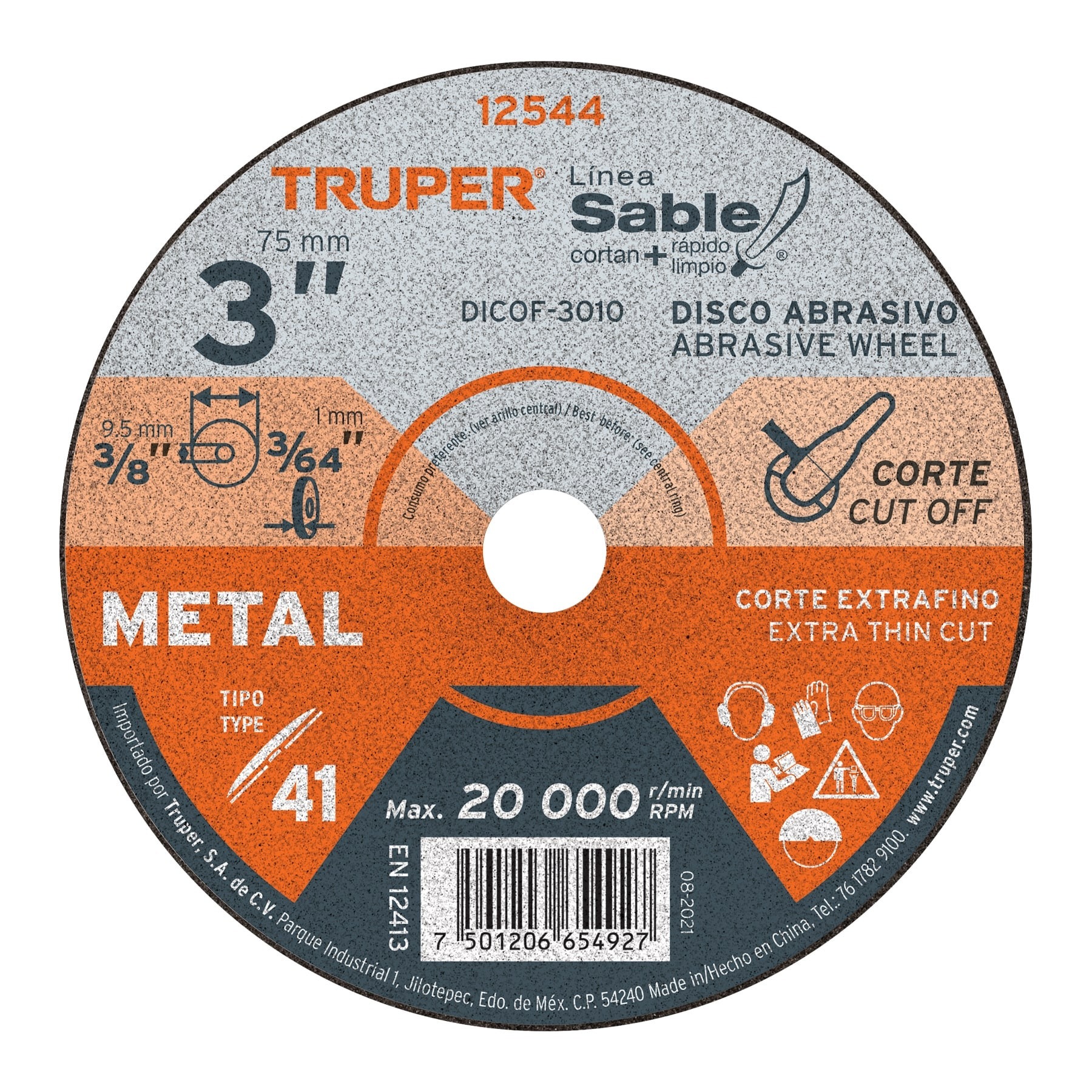 Disco abrasivo de corte preciso metal 3" x 1 mm truper 12544