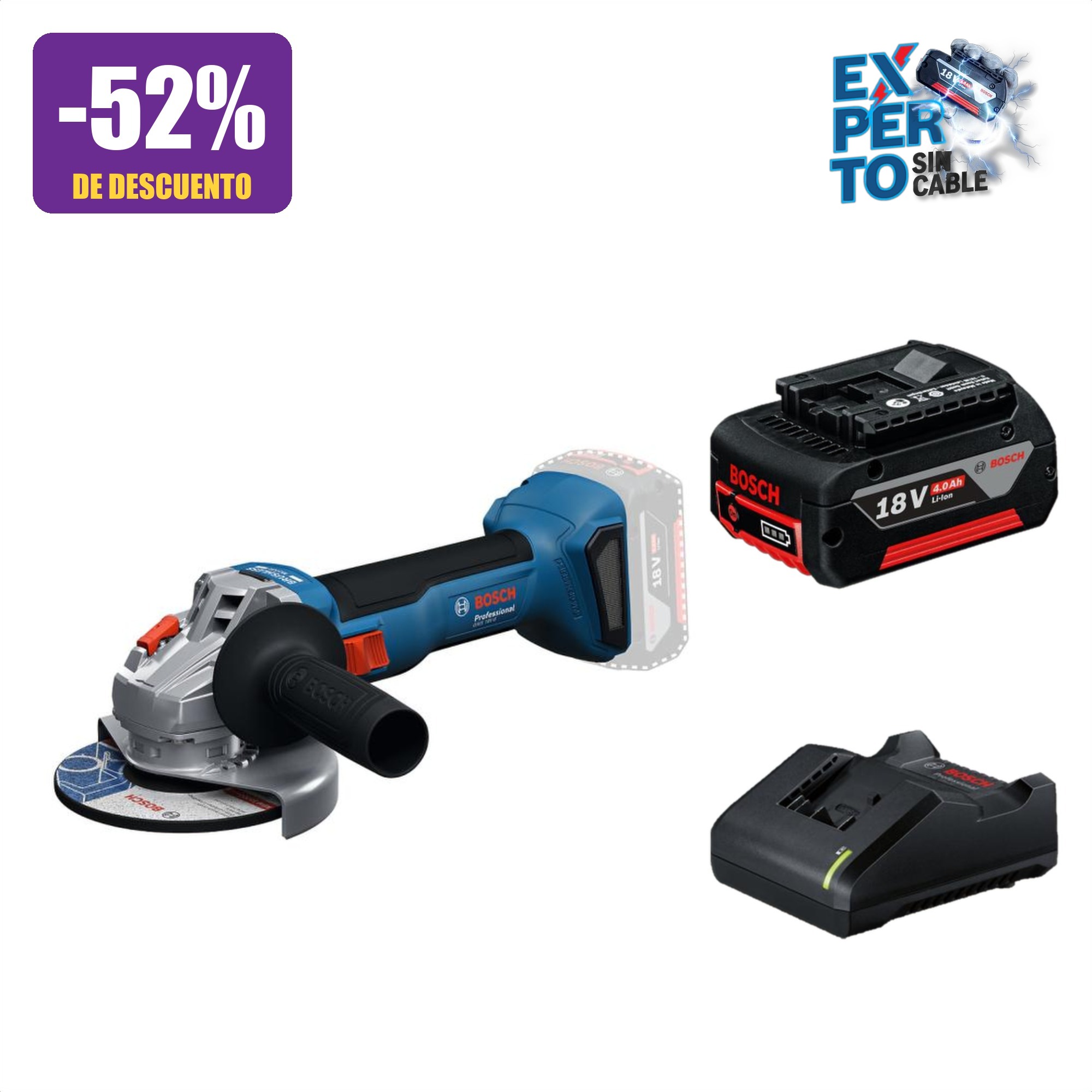 Combo pulidora inalámbrica Bosch GWS 18V-8 con batería 4.0 Ah y cargador, campaña Experto sin cable