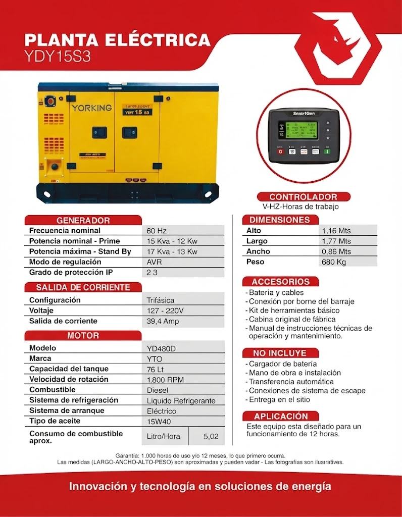 PLANTA ELÉCTRICA 15 KVA DIÉSEL TRIFÁSICA CABINADA YORKING YDY15E3/S3 - Imagen 2