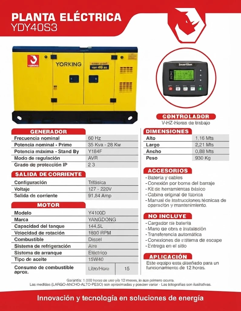 PLANTA ELÉCTRICA 36 KVA DIÉSEL TRIFÁSICA CABINADA YORKING YDY40S3 - Imagen 2