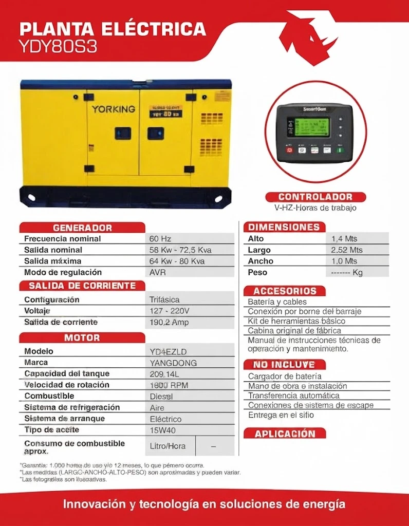 PLANTA ELÉCTRICA 80 KVA DIÉSEL TRIFÁSICA CABINADA YORKING YDY80S3 - Imagen 2