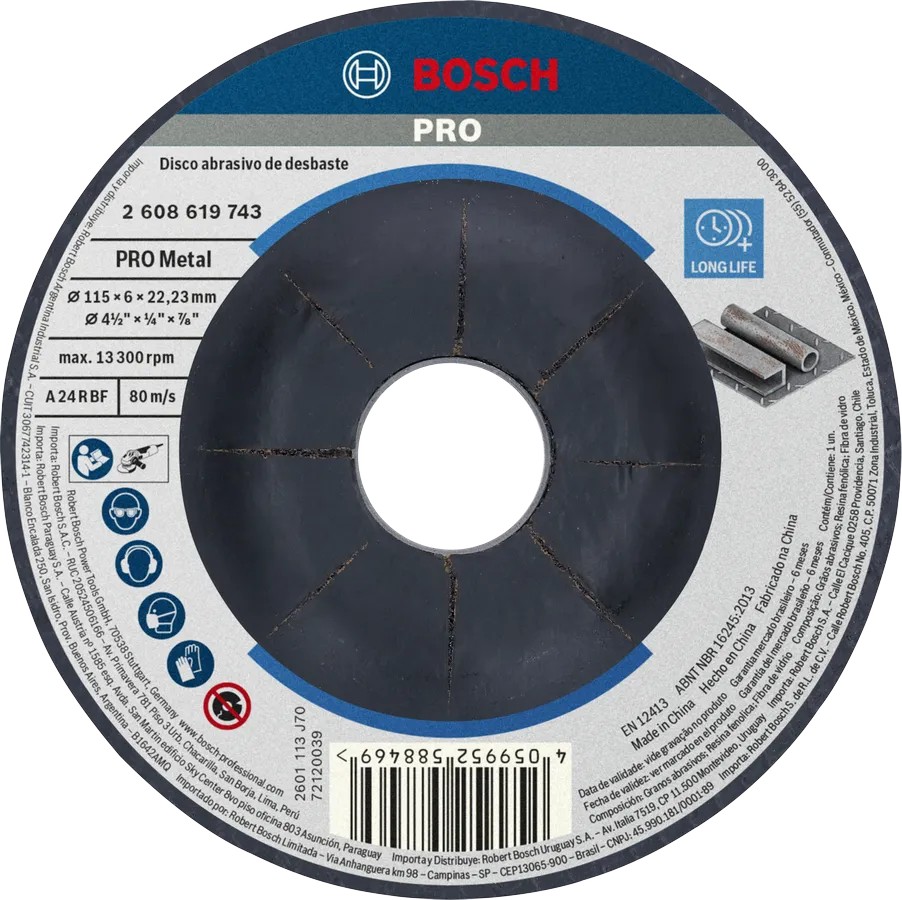 DISCO DE DESBASTE ABRASIVO BOSCH PRO METAL 115 MM X 6.0 MM