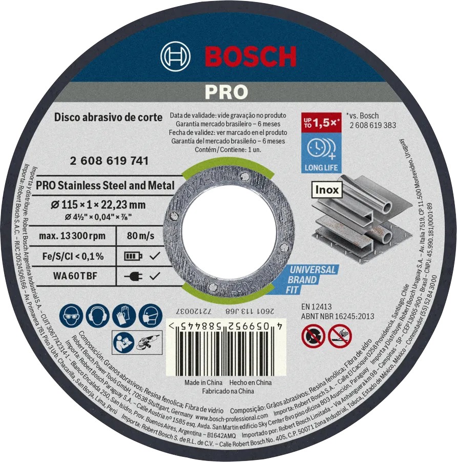 DISCO DE CORTE PRO STAINLESS STEEL AND METAL 115 X 1,6 X 22,23 MM BOSCH PROFESSIONAL