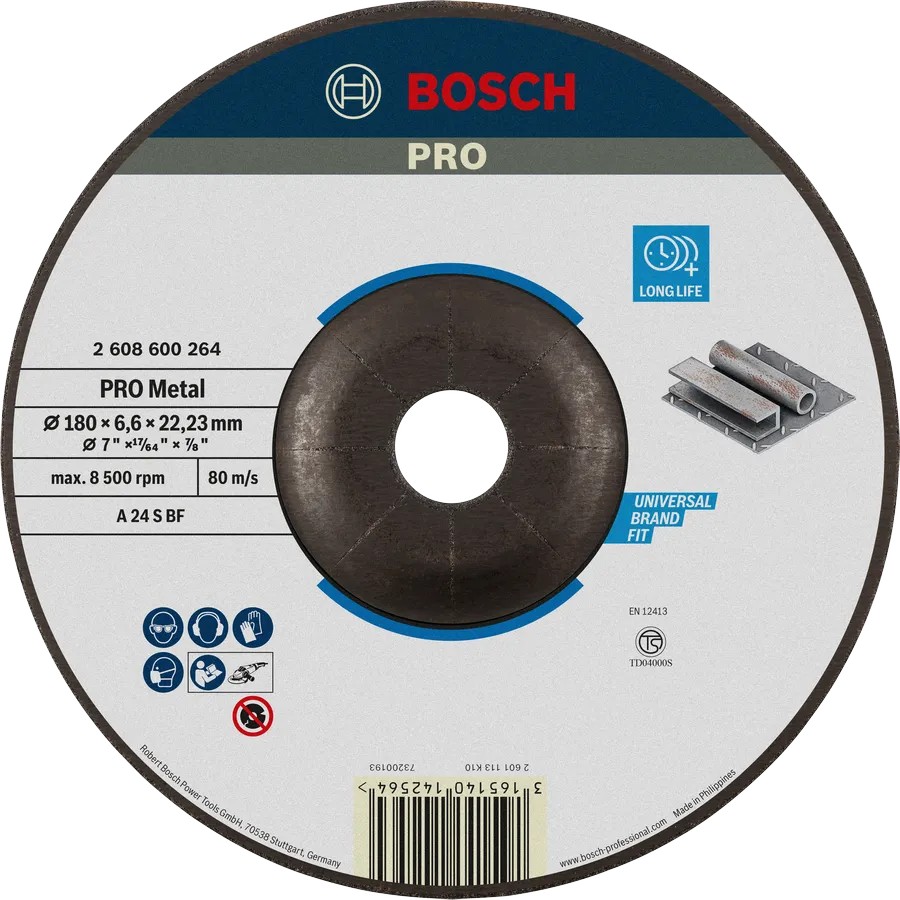 DISCO DE DESBASTE PRO METAL A 24 S BF, 180 X 6,6 X 22,23 MM, CENTRO REBAJADO BOSCH PROFESSIONAL